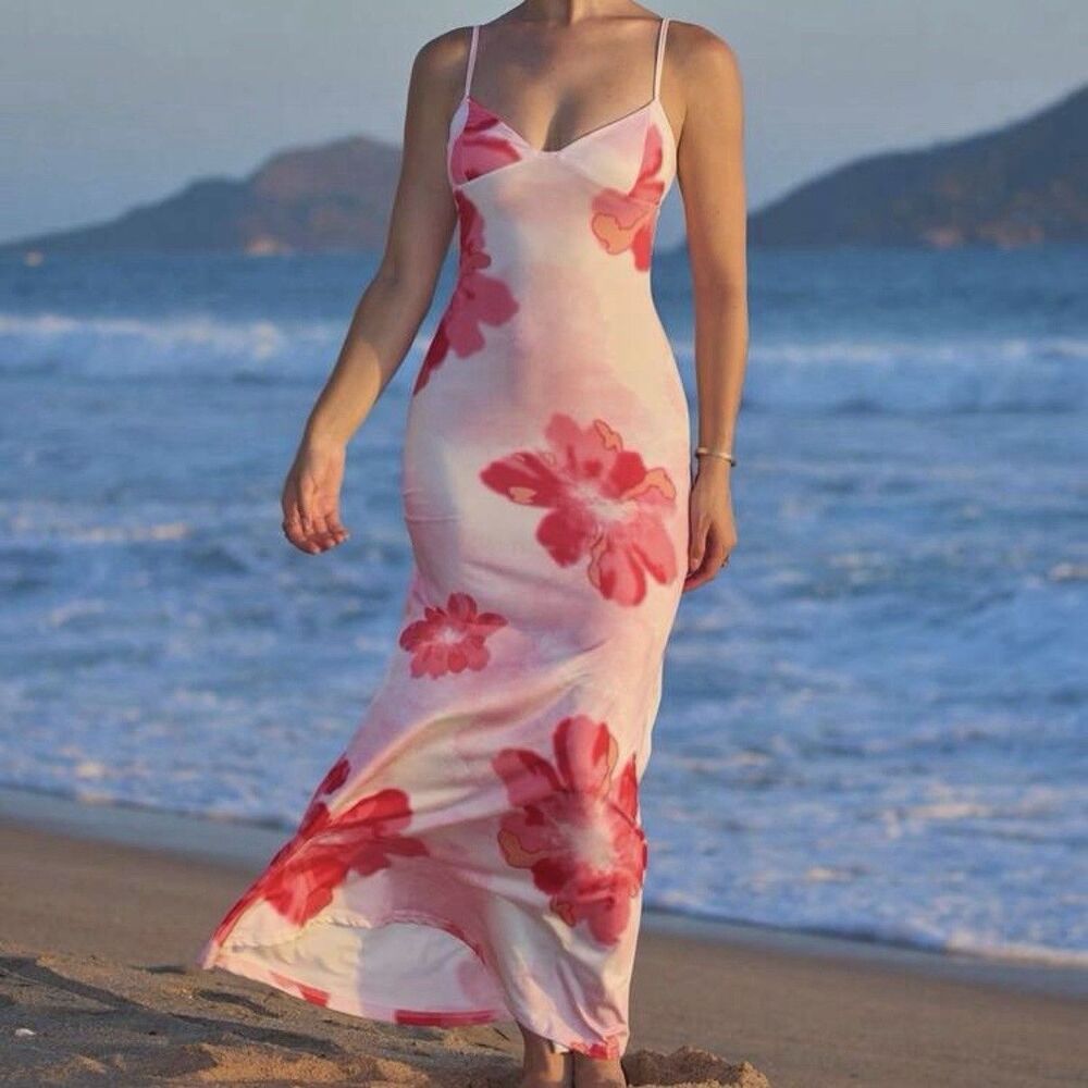 Women Pink White Red Floral Chiffon Maxi Dress V-Neck Spaghetti Strap Pullover